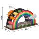 Bunter Katzenkratzbaum in Form eines Regenbogens, mit einem Sonnen- und Wolkendesign, mit Abmessungen in Zentimetern beschriftet.