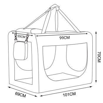 Linienzeichnung eines Haustierträgers mit Abmessungen: 101CM Breite, 99CM Höhe, 70CM Tiefe, mit zwei Öffnungen und einer Seitentasche.