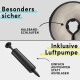 Bild zeigt eine Halsband-Schlaufe mit der Aufschrift "Besonders sicher" und eine Luftpumpe mit der Aufschrift "Inklusive Luftpumpe" für einfaches Aufpumpen.