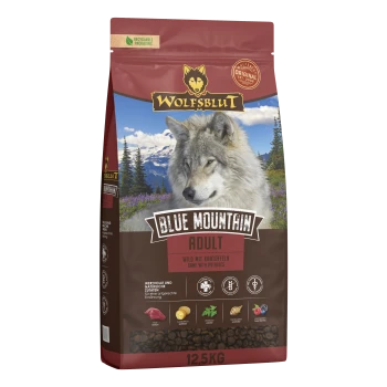 Wolfsblut Blue Mountain Adult Hundefutterbeutel mit Wolfsbild, Wild mit Kartoffeln, 12,5 kg, recycelbare Verpackung.