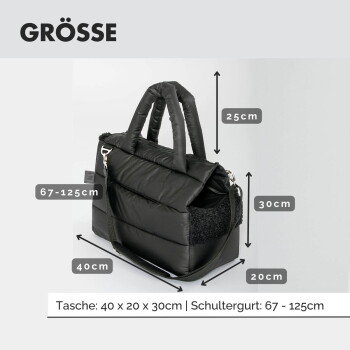 Skizze einer Transporttasche für Haustiere mit den Maßen 40x20x30 cm und verstellbarem Schultergurt 67-125 cm, beschriftet auf Deutsch.