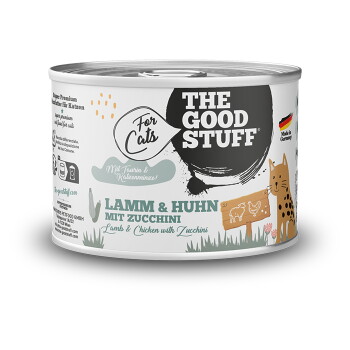 Dose 'The Good Stuff' Katzenfutter — Lamm & Huhn mit Zucchini, Aufschrift 'For Cats', Cartoon-Katze, 'Made in Germany'.