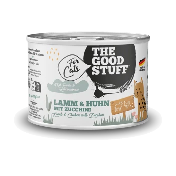 Dose 'The Good Stuff' Katzenfutter — Lamm & Huhn mit Zucchini, Aufschrift 'For Cats', Cartoon-Katze, 'Made in Germany'.