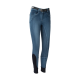 Ein Paar blaue Denim-Reitleggings mit einem schwarzen Gürtel, ausgestattet mit einem strukturierten Kniepatch und einer engen Passform an den Knöcheln.