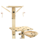 Katzenbaum mit zwei Plattformen, Kratzpfosten und hängenden Spielzeugmäusen, mit einem weichen beigen Stoff mit schwarzen Pfotenabdrücken.