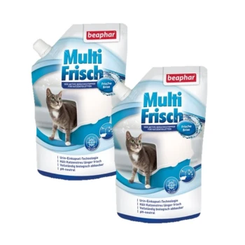 Zwei Beutel Beaphar Multi Frisch Katzenstreu-Deodorant, mit einer grauen Katze und der Werbung für Urinkapsel-Technologie und pH-Neutralität.