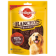 Emballage de friandises pour chiens Pedigree Ranchos Originals mettant en vedette un golden retriever souriant et indiquant "95% Fleisch" sur un fond jaune.