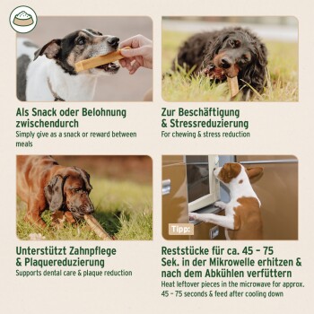 Hundekauartikel aus 100% natürlichem getrocknetem Hartkäse, mit Text, der Vorteile für Allergien und langanhaltenden Kaugenuss hervorhebt.