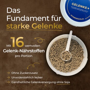 Pferdegold Gelenke Pferdeergänzungsmittelbehälter mit Apfel, Muschel und Wurzelgemüse; mit "Hergestellt in Deutschland" und Qualitätsbewertungen.