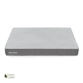 Graues Haustierbett mit einem dunkelgrauen Rand, mit dem Logo "Doctor Bark" und einem "Green Label" Symbol in der Ecke.