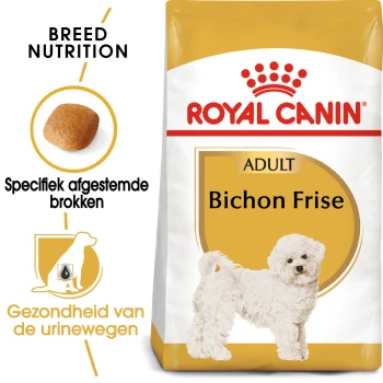 Royal Canin Bichon Frise volwassen hondenvoer zak met een witte Bichon Frise hond, met tekst die de voeding van het ras en de urinegezondheid benadrukt.