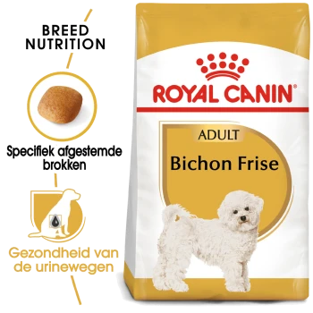 Royal Canin Bichon Frise volwassen hondenvoer zak met een witte Bichon Frise hond, met tekst die de voeding van het ras en de urinegezondheid benadrukt.