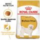 Royal Canin Bichon Frise volwassen hondenvoer zak met een witte Bichon Frise hond, met tekst die de voeding van het ras en de urinegezondheid benadrukt.
