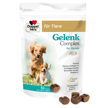 Saszetka Doppelherz 'Gelenk Complex für Hunde' przedstawiająca dwa psy, pastylki w kształcie serc i napis '30 Chews, nur 1 Chew täglich'.