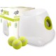 AFP All For Paws Interactive Hyper Fetch Mini automatischer Ballwerfer mit drei gelben Tennisbällen und Verpackungskarton.
