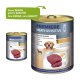 Dosen-Hundefutter mit der Aufschrift "Premiere Meati Sensitive" mit Zutaten aus Pferd und Kartoffel, mit einer Ankündigung des neuen Designs.