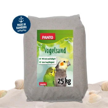 PANTO Vogelsand Verpackung mit grünem Hintergrund, zeigt einen Wellensittich und einen Nymphensittich sowie Vorteile wie "Mit Anis und Kalkgrit."