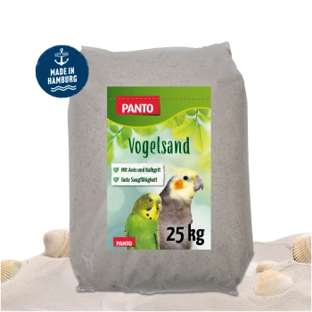 PANTO Vogelsand Verpackung mit grünem Hintergrund, zeigt einen Wellensittich und einen Nymphensittich sowie Vorteile wie "Mit Anis und Kalkgrit."