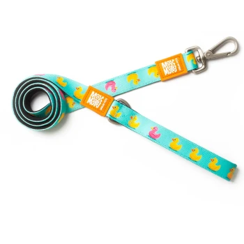 Blaue Haustierleine mit gelben und pinken Entenmotiven und orangen Anhängern mit der Aufschrift „Max & Molly Urban Pets“.