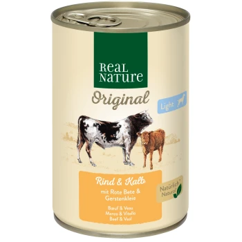 Dosenfutter für Haustiere "Real Nature Original Light" mit Illustrationen von Kuh und Kalb, beschriftet mit "Rind & Kalb" und "Rind & Kalb mit Rote Bete."