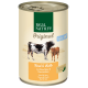 Nourriture pour animaux en conserve "Real Nature Original Light" avec des illustrations de vache et de veau, étiquetée "Boeuf & Veau" et "Rind & Kalb mit Rote Bete."