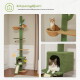Katzenbaum mit grünen Pfosten, mehreren Ebenen, einem gemütlichen Versteck und einer verspielten Katze. Textnotizen "Einfaches Klettern" und "9cm/3.5"".
