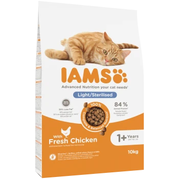 IAMS-Katzenfutterbeutel mit orange getigerter Katze, Aufschriften „Light/Sterilisiert“, „Mit frischem Huhn“, „1+ Jahre“, 10 kg.
