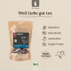 Liebesgut Bio‑Rind Hundesnack‑Beutel mit der Aufschrift ‚Weil Liebe gut tut.‘ und Symbolen: Glutenfrei, Getreidefrei, Laktosefrei, Single‑Protein
