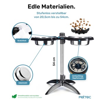 Doppelte Edelstahlnäpfe auf verstellbarem erhöhtem Napfständer (20,5–54 cm); sichtbarer Text 'Edle Materialien'; pettec-Logo.