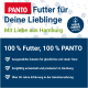 PANTO-Hundefutter-Werbung mit dem Slogan 'Futter für Deine Lieblinge' und Highlights von 100% Qualitätszutaten, hergestellt in Hamburg.