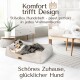 Modernes Hundebett in einem stilvollen Wohnzimmer mit einem entspannten Hund. Text: "Komfort trifft Design - perfekt für jedes Zuhause."