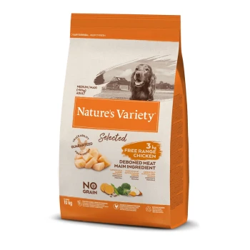 Sac de nourriture pour chiens Nature's Variety Selected, 10 kg, avec du poulet en liberté comme ingrédient principal, étiqueté "No Grain."