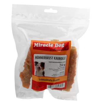 Miracle Dog Snacks Hähnchenbrust-Kaurollen für Hunde, 250g, mit Bild eines glücklichen Hundes auf der Verpackung.