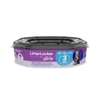 by Litter Genie XL-Nachfüllkassette 1 Stück LitterLocker von Litter Genie Nachfüllbehälter, lila Design, mit dem Text "Hält bis zu 3 Monate" und einem Bild einer Katze.