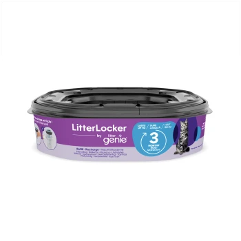 LitterLocker von Litter Genie Nachfüllbehälter, lila Design, mit dem Text "Hält bis zu 3 Monate" und einem Bild einer Katze.