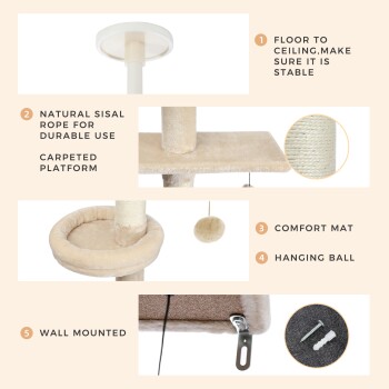 Merkmale des Kratzbaums: bodenhohes Design, natürliche Sisal-Seil, mit Teppich bezogene Plattform, Komfortmatte, hängender Ball, wandmontiert.