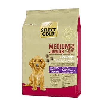 Sensitive Medium Junior Lamm/Lachs/Kartoffel 1 kg Select Gold Medium Junior Hundefuttertasche, 11-25 kg, für Hunde bis zu 12 Monaten. Sensible Formel mit Lamm, Lachs und Kartoffel.