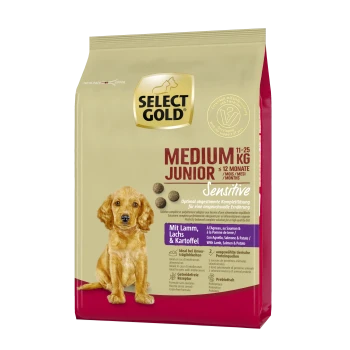 Sac de nourriture pour chiens Select Gold Medium Junior, 11-25 kg, pour chiens jusqu'à 12 mois. Formule sensible avec de l'agneau, du saumon et des pommes de terre.