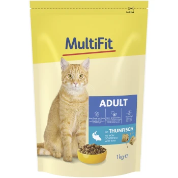 Sac de nourriture pour animaux "MultiFit" jaune avec silhouette de chat, étiqueté "ADULT" et "mit Thunfisch," à côté d'un bol de 1 kg de croquettes pour chat.
