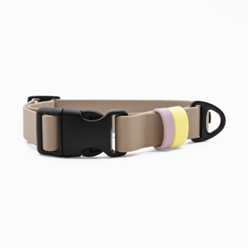 Beiges verstellbares Hundehalsband mit schwarzer Kunststoffschnalle und Metallring, beschriftet mit "THE DOG OLA."