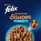 Verpackung von Purina Felix Sensations Saucen Katzenfutter mit einer blauen Schüssel, gefüllt mit zarten Fleischstücken in Soße, mit einem Nahaufnahme-Inset.
