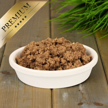 Schüssel mit Haustierfutter mit krümeliger Textur, umgeben von bunten Spielzeugmäusen und Federn, auf einer strukturierten grauen Oberfläche.