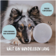 Ein Collie legt seinen Kopf auf den Boden neben einer wiederverwendbaren Futterschüssel mit dem Text: "Hält ein Hundeleben lang," "Wiederverwendbar," "Kein Einreißen."