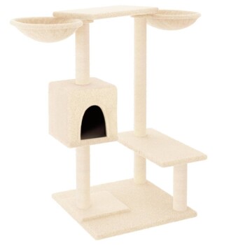 Ein beiger Katzenbaum mit zwei erhöhten Schalen, einem gemütlichen Versteck und mehreren Plattformen zum Klettern und Entspannen.