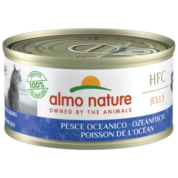 Almo Nature Katzenfutterdose mit "HFC Jelly" mit Meeresfischen, beschriftet mit "100% Gewinne für die Natur" und Bildern einer Katze und Blumen.