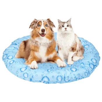 - Rundes Kühlbett Tropfen Matte Ein Hund und eine Katze sitzen zusammen auf einem runden, blauen Haustierbett, das mit Wassertropfenmustern dekoriert ist.