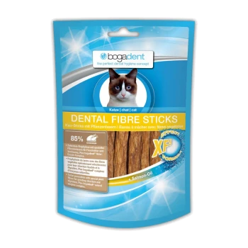 Tandvezelsticks voor katten, met een kattenafbeelding op een blauwe achtergrond, met 85% kip en zalmolie, ter bevordering van de mondhygiëne.