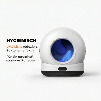 Weiße kugelförmige automatische Katzentoilette mit blauem UVC-Licht; deutscher Text 'HYGIENISCH' und 'UVC-Licht reduziert Bakterien'.