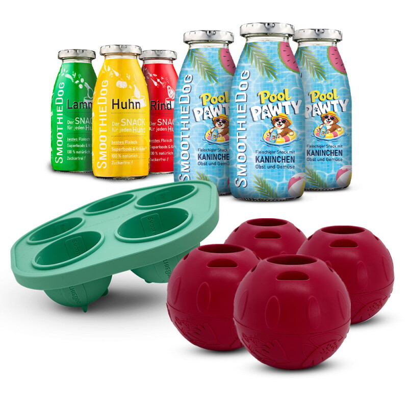 SmoothieDog Summer-Edition 3x 250 ml + Klassik-Paket 3x 250 ml + Schleckball 4 Stück