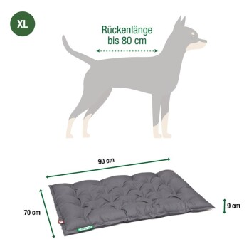Graues Hundebett mit den Abmessungen 90 cm x 70 cm x 9 cm, geeignet für Hunde mit einer Rückenlänge von bis zu 80 cm, gekennzeichnet mit "XL."